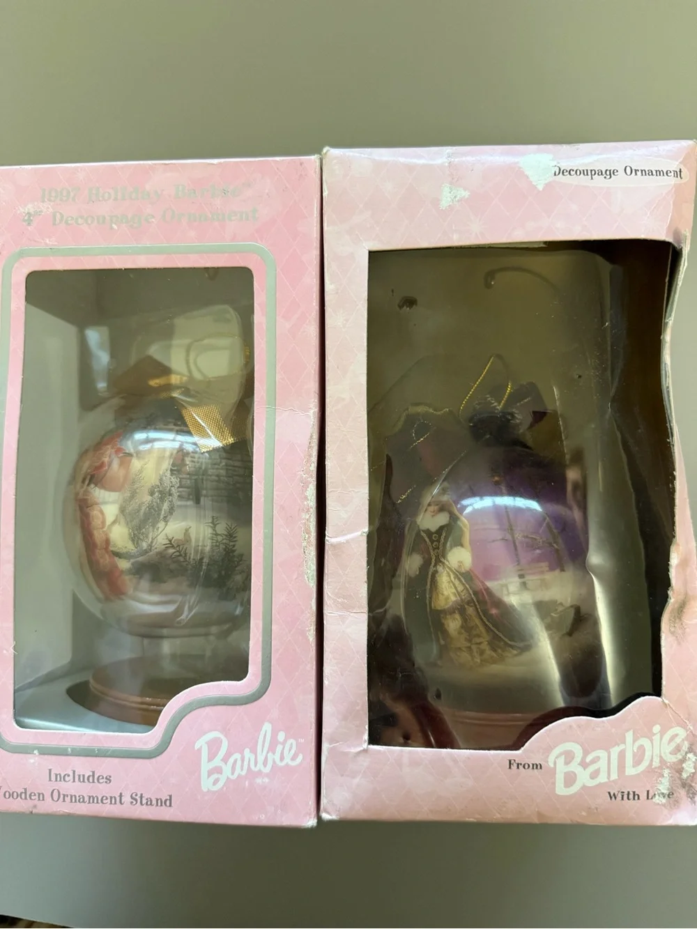 Barbie Pink Decoupage‎ Ornament with stands- set of 2. Holiday Collectible